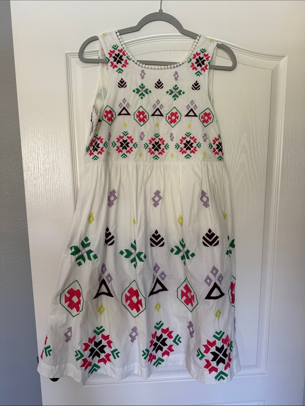Anthropologie Embroidered Knee Length Dress with Colorful Geometric Pattern
